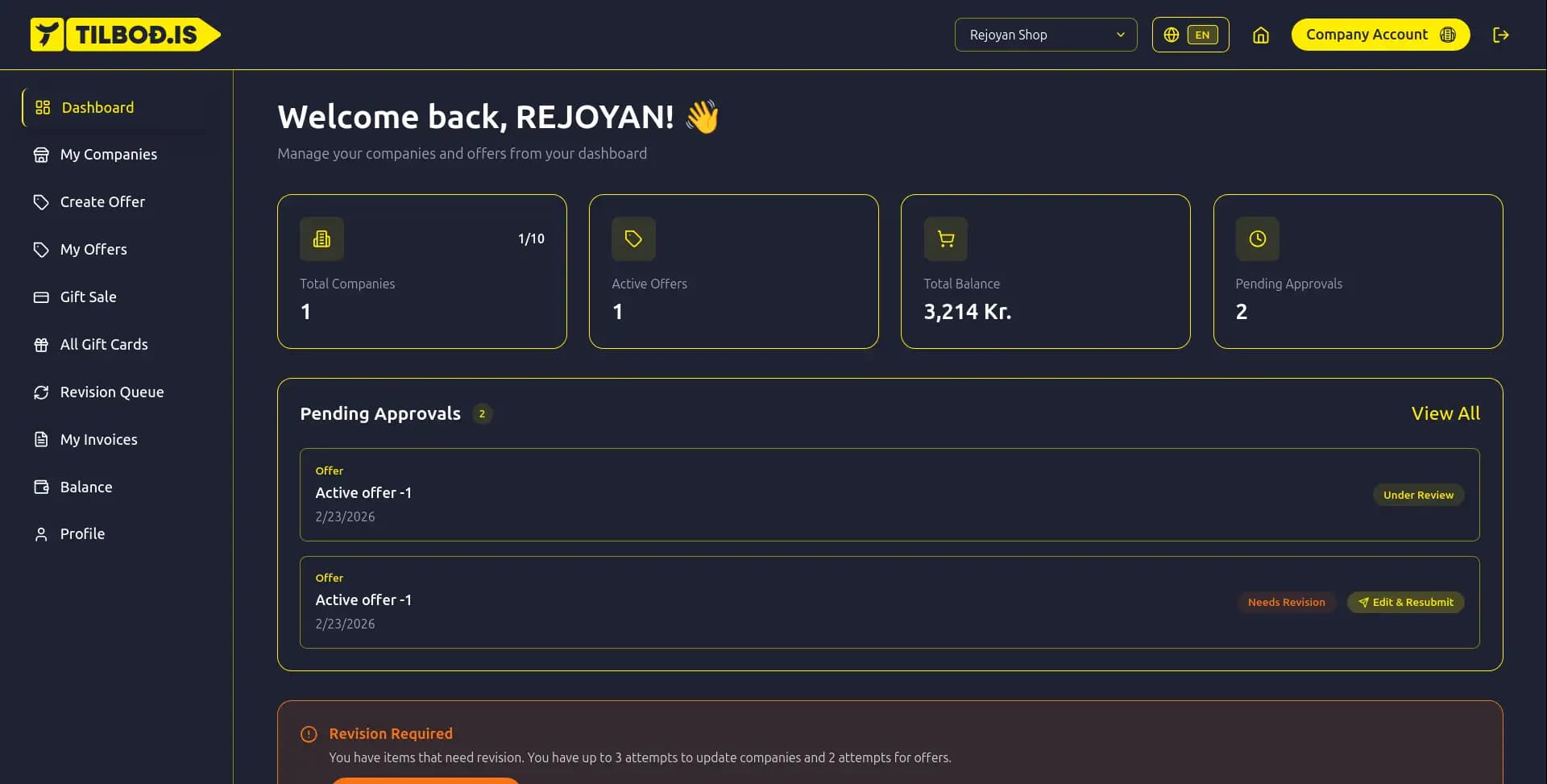 Tilbod - Admin Dashboard